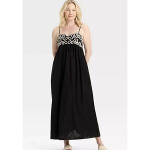 Black Linen Crewel Maxi Dress White Embroidered Resort Bohemian Hippie A New Day